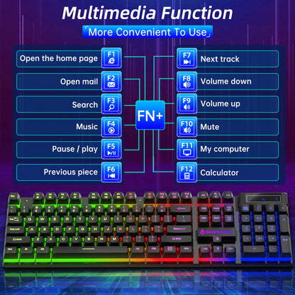 Gaming Keyboard & Mouse, 104 Keys LED RGB Backlit Quiet Computer Keyboard, Multimedia Keys, 26 Anti-Ghosting Keys, Waterproof Light up USB Wired Keyboard for PC Gamers Desktop Computer Laptop,Black